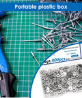400 Pcs 1/8 Inch Pop Rivet Washers Set for 1/8 Rivets Stainless Steel Aluminum with plastic box on grid background