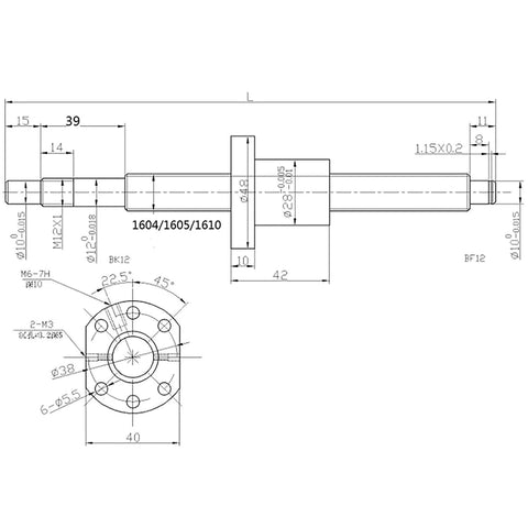 Technical drawing of RM1605 ballscrew with BF12 and BK12 nuts for Two HGR20 1500mm Linear Guide Rails With Four Blocks kit.
