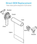 Diagram of Roller Shade Clutch - Compatible with 1.5” (38mm) Shade Tubes, showing clutch, tube, fabric, chain, bracket, and end plug.