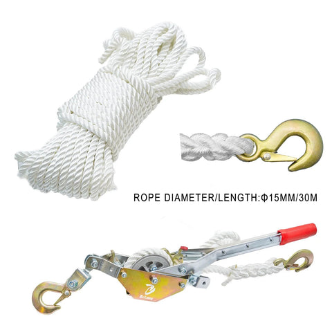 Rope Puller With 98 Ft 0.6 Inch Polyester Rope, Three Quarter Ton Load Capacity, Aluminum Alloy Gears, Two Hooks