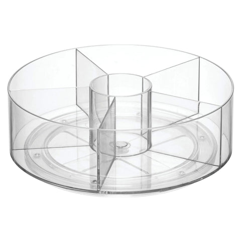 Rotating Turntable Tea Packet Organizer with Five Divided Compartments and Center Cup for Cabinets or Countertops, Clear Finish