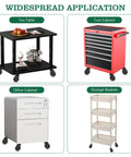Four images showing tea table, tool cabinet, office cabinet, and storage baskets on three inch rubber caster wheels.
