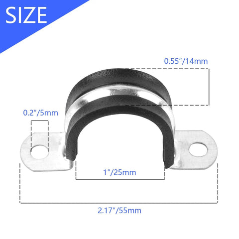 Front view of 1 Inch Reinforced Rigid Pipe Strap U Bracket Cable Clamp Hanger with Rubber Cushioned Insulated Clamp, size details shown.