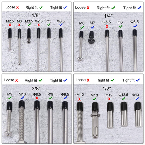 40pcs Round Rubber End Caps 1/8" 1/4" 3/8" 1/2" Black Vinyl Cover Screw Thread Protectors Assortment Kit(3mm 6mm 9mm 12mm) shown in size chart