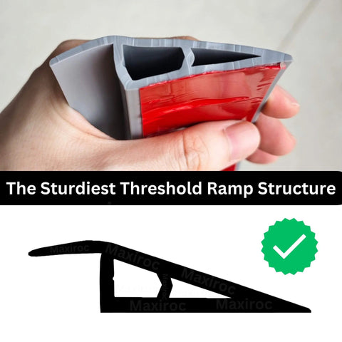 Close-up of rubber floor transition strip demonstrating sturdy threshold ramp structure, used for 1/2" to 3/5" height transitions.