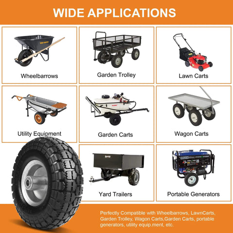 Illustration of 10 Inch 4.10/3.50-4 Flat Free Solid Rubber Wheels 4 Pack and compatible equipment like wheelbarrows and garden carts.