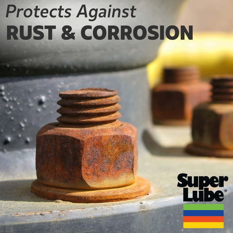 Rusty bolts on industrial equipment showcasing corrosion protection with Super Lube Multi-Purpose Synthetic Grease w/ Syncolon - High Temperature, Water & Corrosion Resistant Grease - Workshop & Industrial Use - Food Grade - Translucent White - Tube - 3 oz (21030).