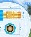 lead-free RV water regulator with garden hose NH thread, brass design, showing dimensions 2.7 inches by 1.1 inches, 1.6 inches diameter