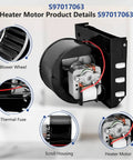 S97017063 Heater Motor Assembly with blower wheel, thermal fuse, scroll housing, and heater motor for bathroom exhaust.