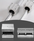 Experience smooth, precise motion with this four piece SBR16UU aluminum linear bearing block set for SBR16 guide rails, shown on rail and dissected view.