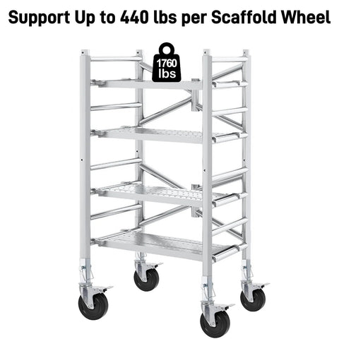 Scaffolding with 5 Inch Scaffolding Casters Set of 2 With Dual Locking Brakes, 440 Lbs Capacity, stainless steel frame.