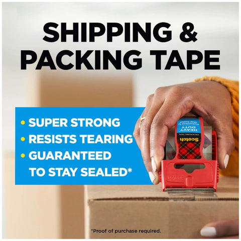 Person using Scotch Heavy Duty Shipping Packing Tape With Dispenser, Clear 1.88 In X 27.7 Yd, 1 Roll on a box for sealing.