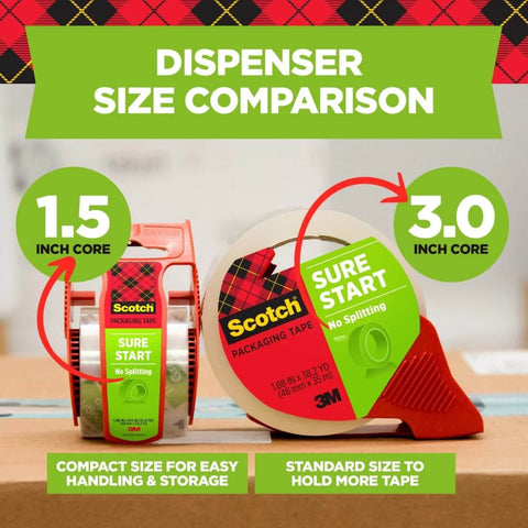 Scotch Sure Start Packing Tape 1.88in x 54.6yd Clear for Shipping and Mailing, Durable Hold, Smooth Unwind dispenser size comparison