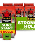 Scotch Sure Start Packing Tape Clear 1.88 In X 22.2 Yd 6 Dispenser Rolls displayed with packaging and red dispensers