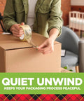 Person sealing a box with Scotch Sure Start Packing Tape Clear 1.88 In X 22.2 Yd 6 Dispenser Rolls Quiet Unwind Easy Start Strong Hold.