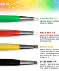 Fiberglass Pen Scratch Brush Set with steel, brass, nylon, and fiberglass tips for jewelry, corrosion removal, and auto body work
