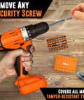 Complete 33 Piece Security Bit Set For Pros with drill, tamper-proof bits, and orange case on a wooden table.