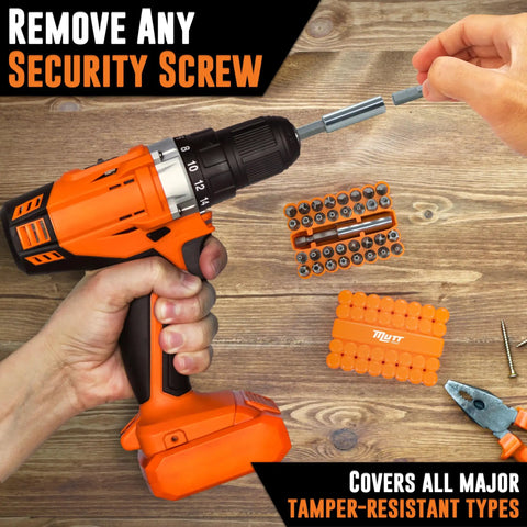 Complete 33 Piece Security Bit Set For Pros with drill, tamper-proof bits, and orange case on a wooden table.