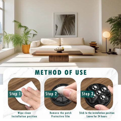 Installation steps for Eight Piece Self Adhesive Caster Wheels For Kitchen Appliances, showcasing preparation, application, and adhesion.