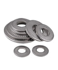 Set Of 5 M10 Belleville Washers 27mm Conical Disc Spring Washers 304 Stainless, stacked view showing stainless steel texture and size