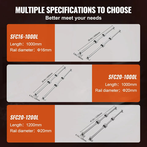 Graphic showing three VEVOR linear rail sets: SFC16-1000L, SFC20-1000L, and SFC20-1200L with rails, blocks, and supports.
