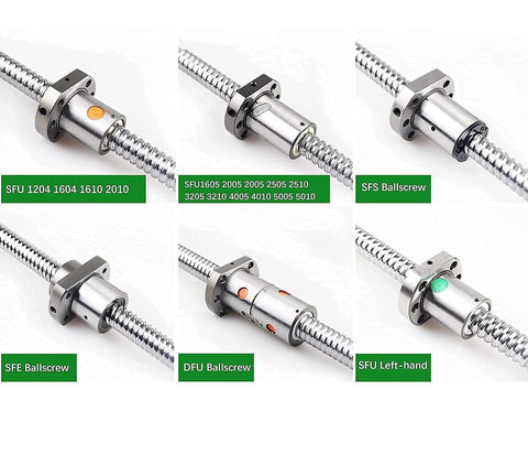 Various models of CNC ballscrews including SFU, SFE, DFU with different specifications and sizes on display.