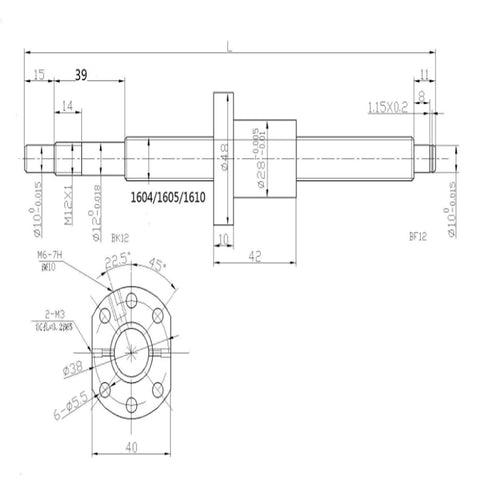 Technical drawing of SFU1605 500mm Ball Screw with 16mm Diameter Antibacklash Nut for CNC Machines BK10 BF10 End Machining.