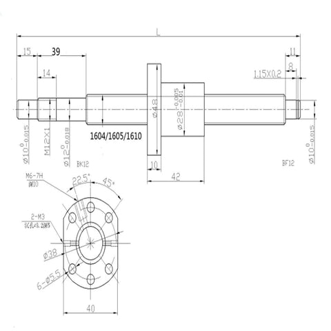 Technical diagram of SFU1605 Ball Screw Kit 1200mm with nut coupler BK BF12 end supports for CNC machines.