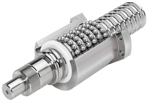 Close-up of SFU1605 RM1605 ball screw assembly with metal deflector ball screw nut, showing 16mm diameter and precise machining for CNC use.
