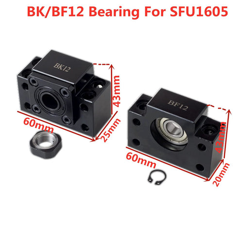 BK12 BF12 bearing units for SFU1605 Ball Screw Kit, 60x43x20mm dimensions, black metal with nut and circlip, CNC machine parts