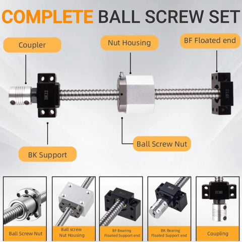 SFU1605 500mm Ball Screw With 16mm Diameter Antibacklash Ball Nut for CNC Machines, BK10 BF10 Ends, CF54 Steel, Low Noise High Efficiency