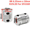 CNC coupler for SFU1605 Ball Screw Kit, 25mm diameter, 6.35mm x 10mm bore, dimensions labeled