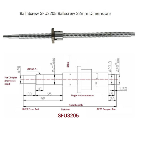 SFU3205 500mm Linear Ball Screw With Anti Backlash Nut Includes BK25 And BF25 Bearing End Supports Locknuts And Circlips Dimensions