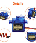 4Pcs SG90 9g Micro Servos for RC Robot Helicopter Airplane Controls Car Boat, blue servos with detailed side and top views