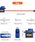 4Pcs SG90 9g Micro Servos for RC Robot Helicopter Airplane Controls Car Boat, shown with size measurements and components