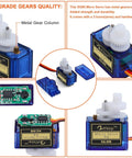 Image showing 4Pcs SG90 9g Micro Servos with metal gears, multiple angles, and internal components for RC robot, helicopter, airplane controls.