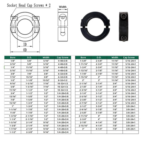 Diagram and table of (4-Pack) Shaft Collar 1" Bore, 1045 Steel Double Split Clamp-On Shaft Collars Style, 1-3/4" OD, 1/2" Thickness, with M4 Set Screws
