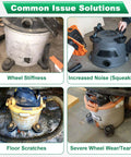 Replacement Foot Caster And Caster Wheel For Shop Vacuums 6 To 16 Gallon showing common issues like wheel stiffness and noise