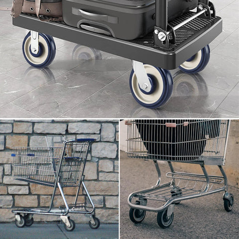 4 Pack 5 Inch Shopping Cart Replacement Wheels Kit With Axles And Bolts, installed on a cart, smooth quiet roll, blue, indoor and outdoor use.
