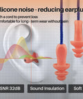 100 Pairs Silicone Corded Ear Plugs With String Reusable Noise Reduction Earplugs Individually Wrapped For Work And Construction Sites ANSI Certified SNR 32dB NRR 27dB Orange Durable Comfortable Fit showing sound insulation and corded design.