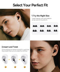Silicone Earplugs For Sleeping With Forty Five Decibel Noise Reduction Reusable Ear Plugs For Snoring And Sleep Ideal For Side Sleepers And Travel Great For Planes And Concerts Includes Eight Replacement Tips Comfortable Durable Design; woman using earplugs; instructions on selecting the right size and insertion.