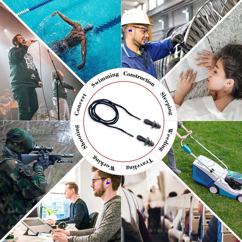 Noise Reduction Earplugs For Sleeping NRR 32 Reusable Soft Silicone Ear Plugs With Nylon Cord displayed with activity images