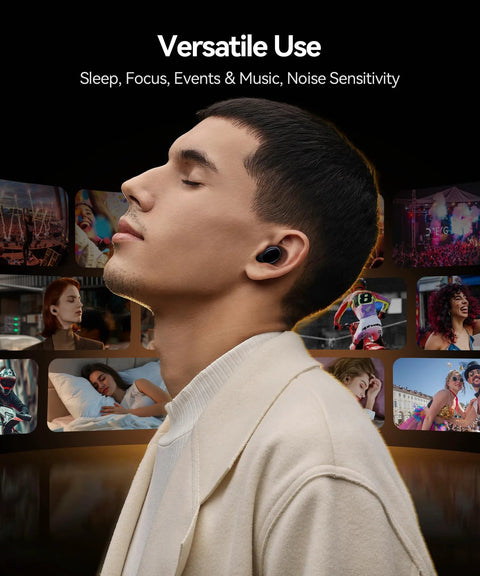 Person wearing Silicone Earplugs For Sleeping With Forty Five Decibel Noise Reduction Reusable Ear Plugs, ideal for sleep and focus.