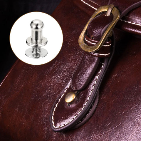 4mm Ball Head Stud Rivets With Screw Back on brown leather bag closure, showcasing silver tone zinc alloy rivet details, 15 pack.