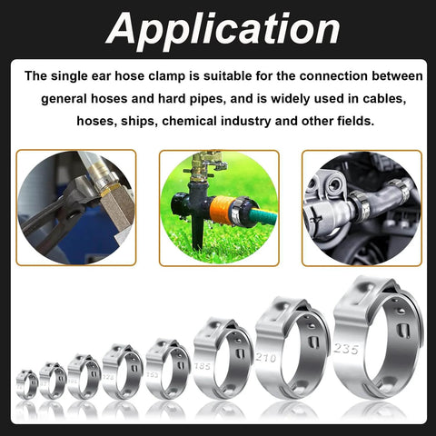 62 Piece 7 Size 304 Stainless Steel Single Ear Hose Clamps Crimp Hose Clamp Assortment Kit 6 To 23 Point 5 Millimeter Ideal For Automotive Home Appliance Water Pipe And Fuel Line Durable Corrosion Resistant Design For Long Lasting Performance In Auto And