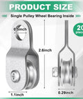 20 Pcs Small Single Pulley Block Wheel Bearing Inside Cable Rollers Single Snatch Cable Pulley Block Hanging Rope Accessories for 6mm/ 0.23 and 8mm/ 0.31'' Wire Rope, Load 70 Lb(2.6 x 1.1 Inch) shown in front and side view with dimensions