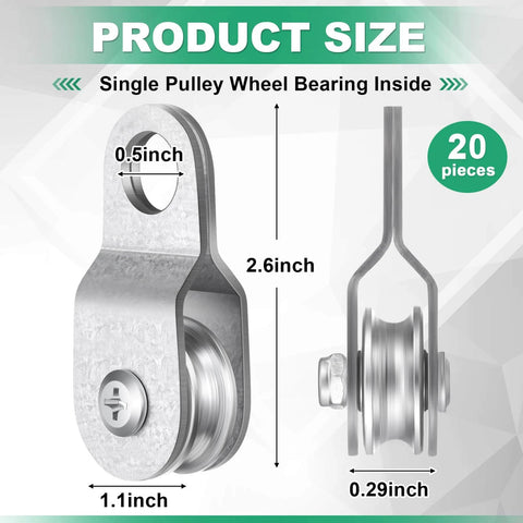 20 Pcs Small Single Pulley Block Wheel Bearing Inside Cable Rollers Single Snatch Cable Pulley Block Hanging Rope Accessories for 6mm/ 0.23 and 8mm/ 0.31'' Wire Rope, Load 70 Lb(2.6 x 1.1 Inch) shown in front and side view with dimensions