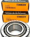 Single Row Tapered Roller Bearing 02475 02420 with 1.25 inch bore and 2.6875 inch OD, with Timken packaging in background