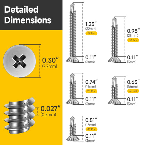 Dimensions of 110 Pieces Size 8 Flat Head Sheet Metal Screws Assortment Kit In 410 Stainless Steel With Self Tapping Design displayed