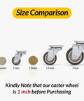 Size comparison of 1" Small Caster Wheels for Furniture against coins; quarter, 1 inch, and 1 dollar for better understanding.